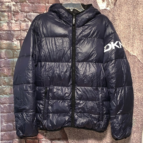 DKNY Men's Water Resistant Ultra Loft Hooded Logo Puffer Jacket